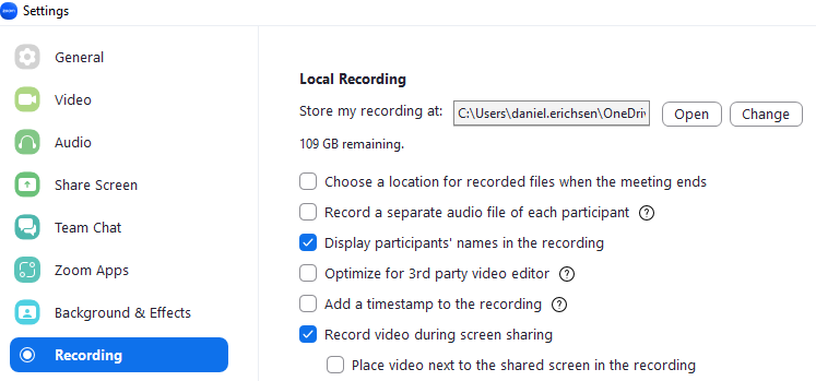 Local Zoom Recording Directory