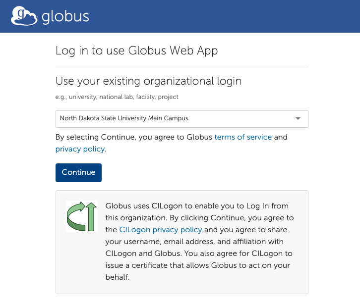 Globus NDSU login screen