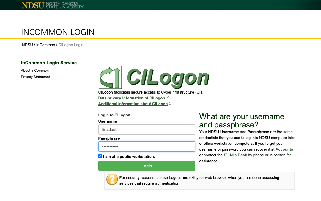NDSU CILogon screen