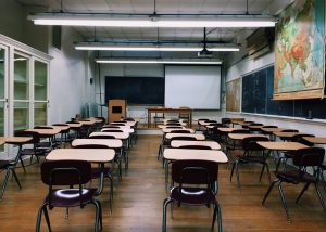 Empty classroom with chairs in rows