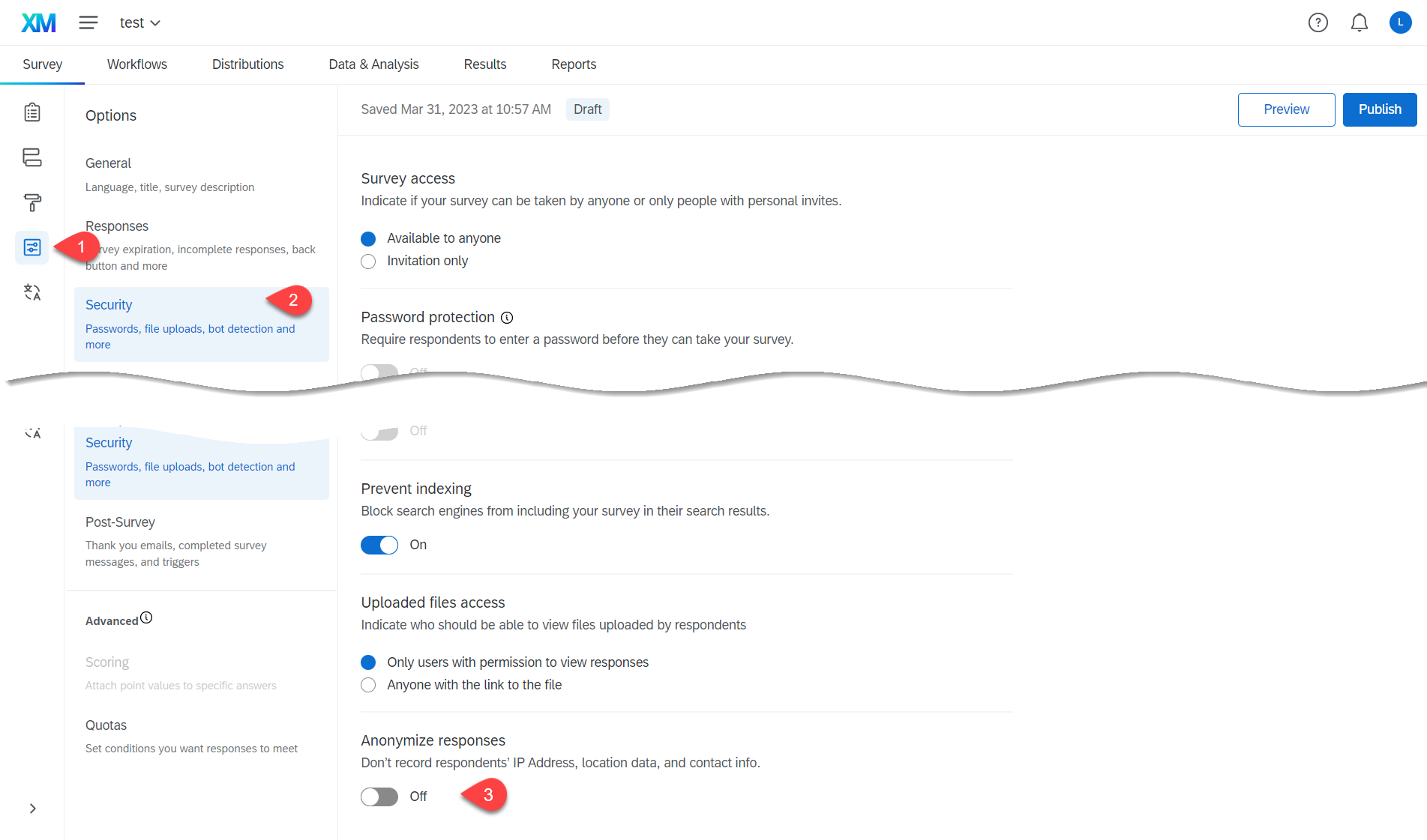 Showing Survey Options (third Icon), Security tab, and Anonymize responses
