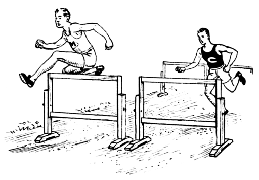 one person is running over hurdle and the other one is coming up to the hurdle