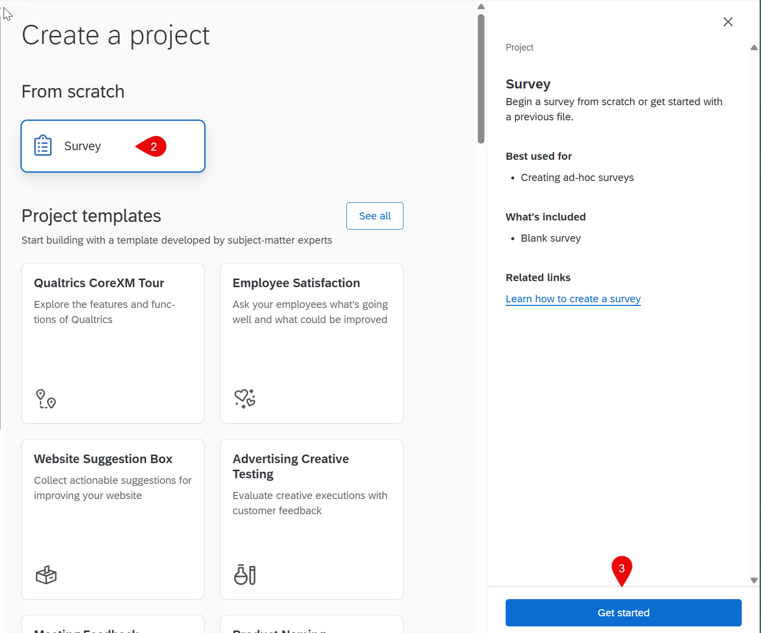 Create a project page with the survey button and get started button