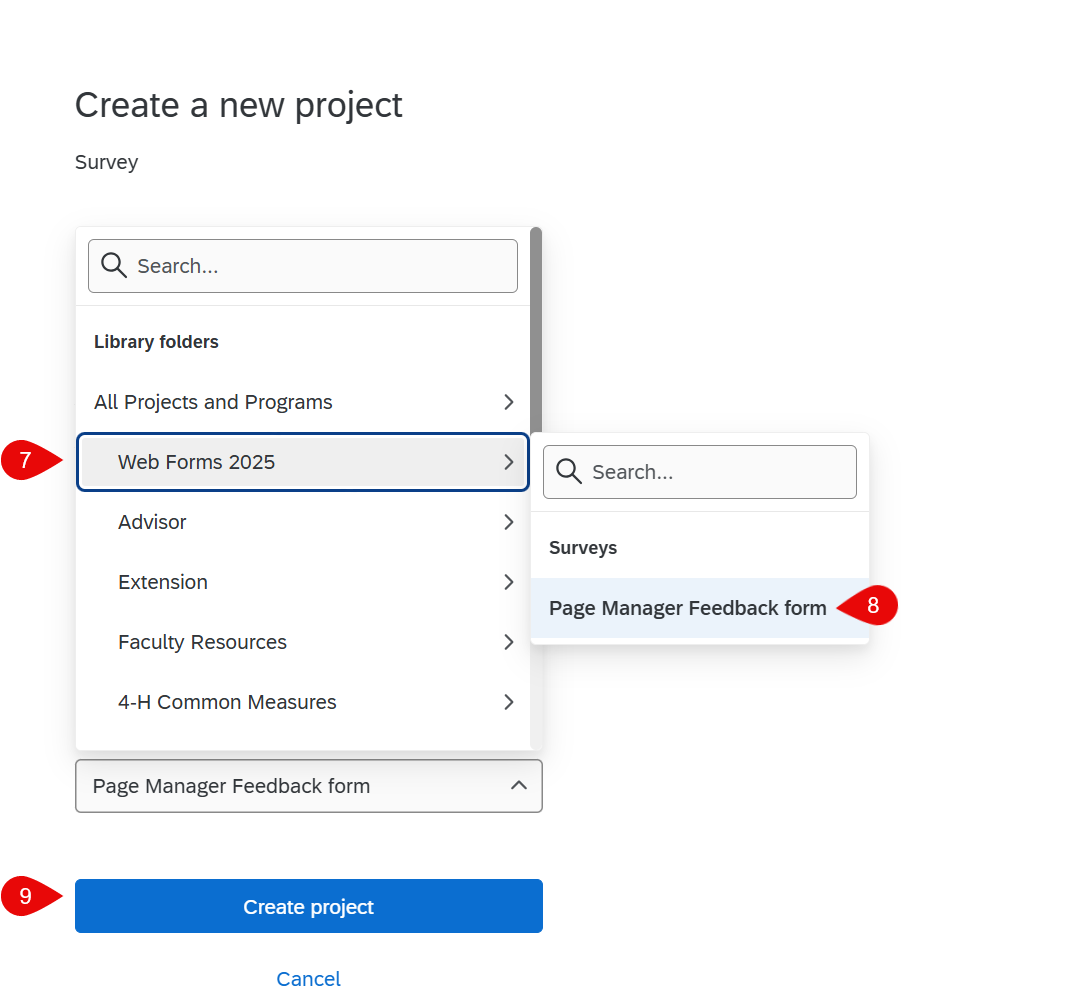 the rest of the Create a new project menu showing the survey folders and list of surveys