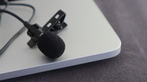 mic laying on laptop