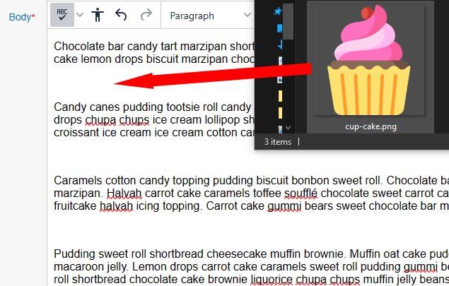 Demonstration of a cupcake image being dragged into the document edit window