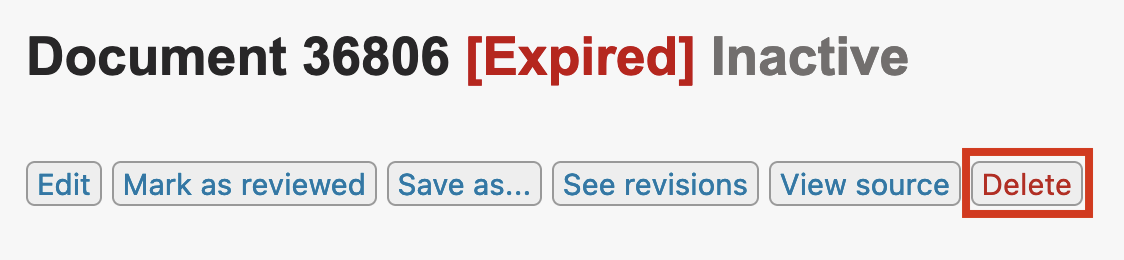 On the document review screen, the delete button will at the end of the group of buttons that loads between the document ID heading and the document title